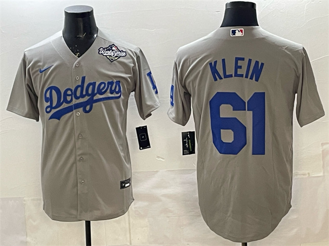 Men's Grey Los Angeles Dodgers #61 Will Klein 2025 World Series Patch Cool Base Stitched Baseball Jersey
